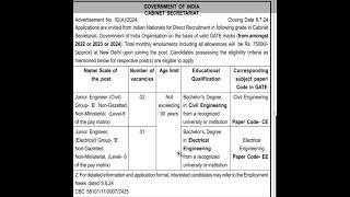 Junior engineer (civil) under  cabinet secretariat for civil and electrical engineering#btech
