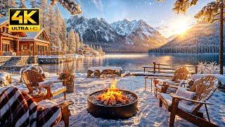 Relaxing Morning Winter Ambience by the Lake with Snowfall, Crackling Fire, Nature Sounds for Sleep