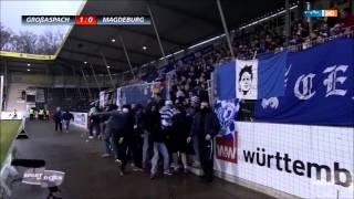 Magdeburg fans break the fence due of banner, which took security 21.11.2015