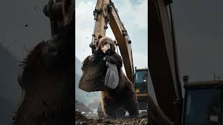 Bear fights fiercely with the bucket of an excavator