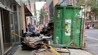 **GIANT DUMPSTER OVERTURNS** - DUMPSTER FALLS OF ROLL OFF TRUCK PICKING IT UP & UPRIGHT OPERATIONS.