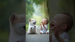 What a warm picture, cute baby and puppy, warm and cute moments between jumping, laughter and joy