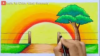 How to Draw Easy Scenery of Sunset in the Hills | Super Simple Nature Scenery Drawing Step by Step