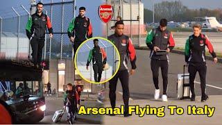 Arsenal Arrival in MilanOdeegard & Arsenal Stars Fly To Italy for Champions League,Rice,Saka,Merino