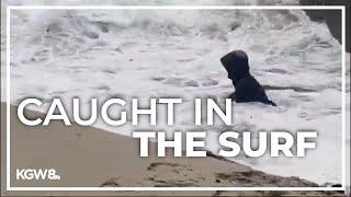 Woman nearly swept away by sneaker waves at Cannon Beach