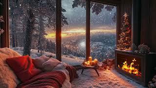 Peaceful Snowfall, Gentle Whispering Wind Outside the Window, and a Cozy Fireplace Ambiance Indoors