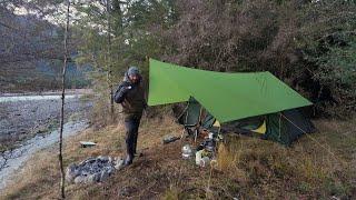 Camping In Winter Rain Storm With Tent And Tarp