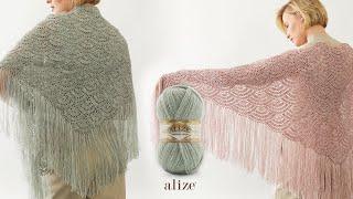 Alize Angora Gold ile Tığ İşi Yelpaze Desenli Şal