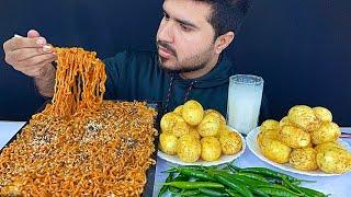 ASMR; EATING 4X SPICY KOREAN NOODLES+BOILED EGGS+GREEN CHILLIES || REAL MUKBANG(NO TALKING)