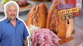 Guy Fieri Eats a *LIGHTS OUT* Torta Ahogada in Texas | Diners, Drive-Ins and Dives | Food Network