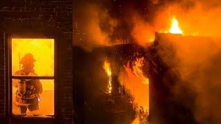 **HEAVY FIRE Top Floor & Thru Roof** FDNY Battles MAJOR 3-ALARM Blaze [ Manhattan 3-3 Box 1728 ]