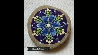 Blue Flower Mandala - dot art painting by Miranda Pitrone on a Natural Stone from Lake Erie