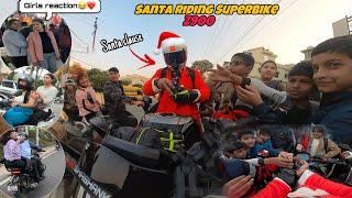 Public Reaction on Santa Riding Superbike  | Kawasaki z900 | Girls Reaction