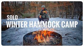Solo Winter Snow Hammock Camping  & Campfire Cooking. Warbonnet Ridgerunner
