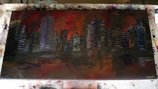 ASMR Painting A City On Fire (no talking) Palette knife & Paint Brush