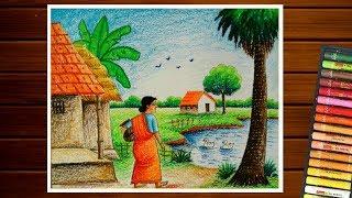 Village scenery drawing with woman figure by pastel color