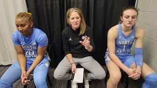 Reniya Kelly, Courtney Banghart and Alyssa Ustby after UNC's loss at Virginia