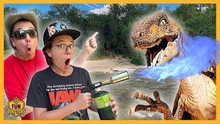 Giant Dinosaurs at Real Jurassic Park as Raptor Battles LB & Aaron the FunQuesters!