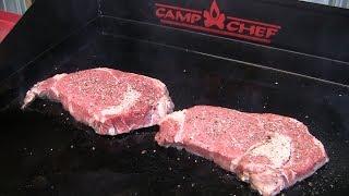 Choice Ribeye Steaks cooked on Camp Chef flat top griddle Aug 2018