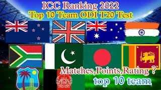 ICC Ranking 2022 || Test ODI T20 Top 10 Team ranking 2022