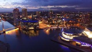 Salford Quays At Night Drone Footage