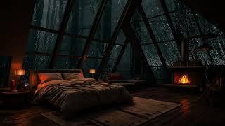 Heavy Rain Storm outside a Cozy Attic Bedroom w/ Burning Firewood| Rain Sounds for Sleeping 