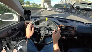 POV Manual Car Morning Drive through Downtown Traffic with Pedal Cam ASMR | HONDA Civic