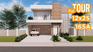 House Project 12x25 meters | Floor plan with master suite and balcony - Full Tour | 165A