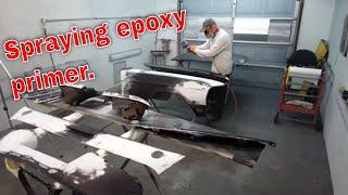 Spraying Summit brand epoxy on 68 Mustang panels. Jade part 55