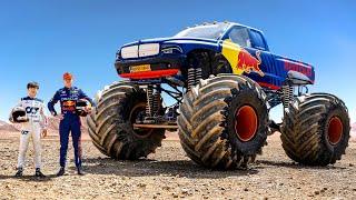 F1 Drivers Race HUGE Mega Trucks! (Max Verstappen vs Yuki Tsunoda)