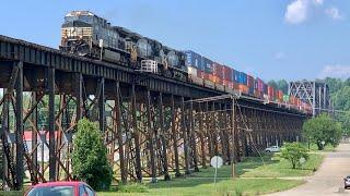 Trains Passing On Gigantic Bridge With View From Top, Coal Trains Under, Big Intermodal Flying Past!