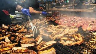 Street Food of Italy. Roasted Pork, Burgers, Beef Steaks, Smoked Pork, Cheese, Sausages