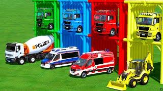 GARAGE OF COLORS ! TRANSPORTING MIXER TRUCK, AMBULANCE, LOADER WITH COLORED TRUCKS ! FS 22 !