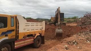 Machine Excavator stuck in deep mud Dump Truck Unloading Soil Pushing Dirt work 021