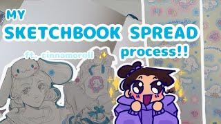 MY SKETCHBOOK SPREAD PROCESS!! (ft. cinnamoroll stickers ️) #sketchbook #art #artist #tutorial