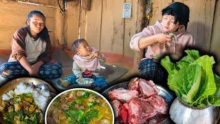 Pork bone Soup & Green Mustard (RAYO) Recipe with rice in Village Kitchen |  New Nepali Village Vlog