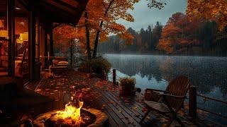 Lakeside Porch Ambience  Autumn Rainy Morning And Bonfire Burning For Sleep, Relax, Rest