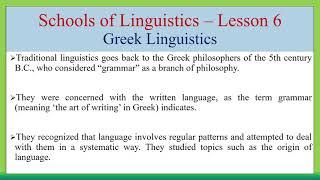 Schools of Linguistics - Lesson 6 - Greek Linguistics