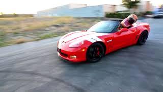 T Rex Dinosaur doing donuts in a Corvette