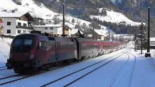 4K Endlich Schnee an der Arlbergbahn in Braz mit Railjet RJX 165 nach Budapest-Keleti über Wien HBF