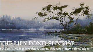 LOOSE WATERCOLOR PAINTING LANDSCAPE LILYPOND ATMOSPHERIC SUNRISE