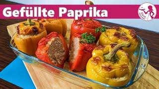 Gefüllte Paprika mit Hackfleisch und Reis im Ofen | Backofen Paprika einfaches Rezept