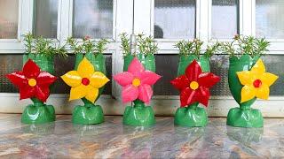 Recycling Plastic Bottles into Colorful Flower Pots for Your Small Garden