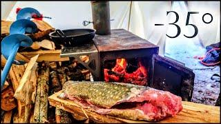 -35° Solo Camping 4 Days | Snowstorm, Ice Fishing & First Sighting of ???