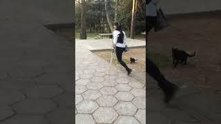 Hot One leg Amputee Queen Crutching at a Park