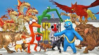 Rainbow Friends Death Run vs Animals Rescue Rainbow Friends From Cages Animal Revolt Battle Simulato