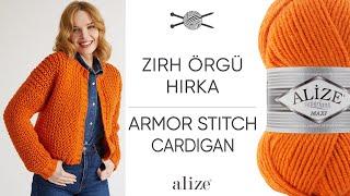 Alize Superlana Maxi  ile Zırh Örgü Hırka • Armor Stitch Cardigan • Кардиган с сетчатой вязкой