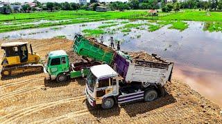 EP4 NEW UPDATE Landfill up processing Dump truck unLoading soil with Dozer KOMATSU DR51PX Push clear