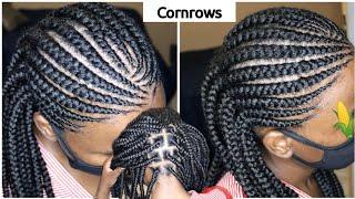 HOW TO: EASY HALF UP HALF DOWN CORNROW HAIRSTYLE | Feed in/Box Braids | Stitch braids