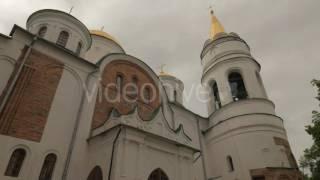 Savior-Transfiguration Cathedral in Springtime Chernihiv Female Worshiper is Walking by Path in